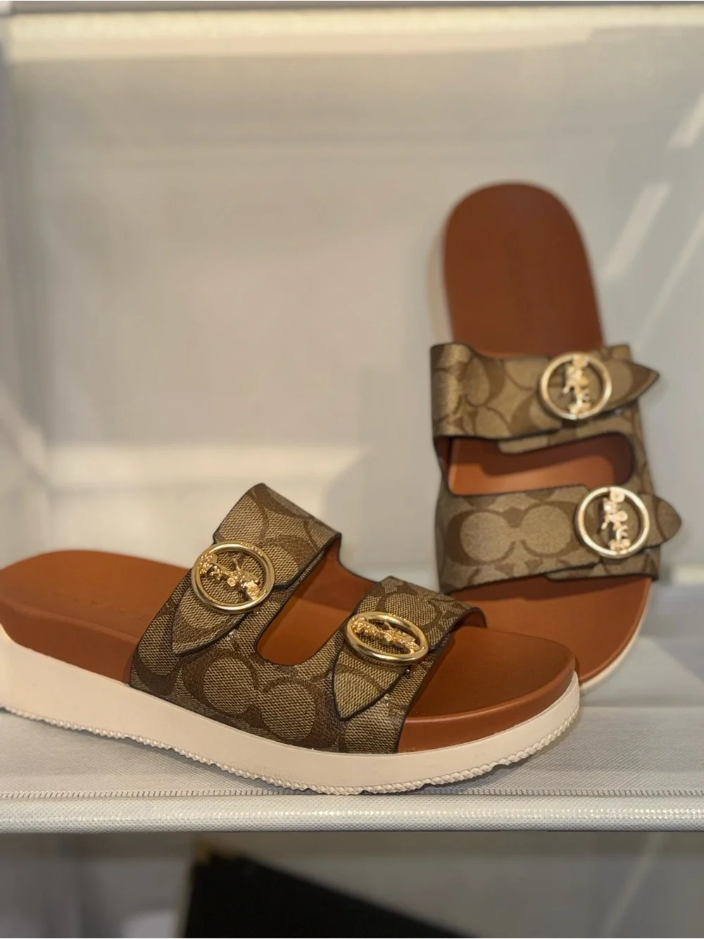 Coach Brown Signature Monogram Double-Buckle Slide Sandals